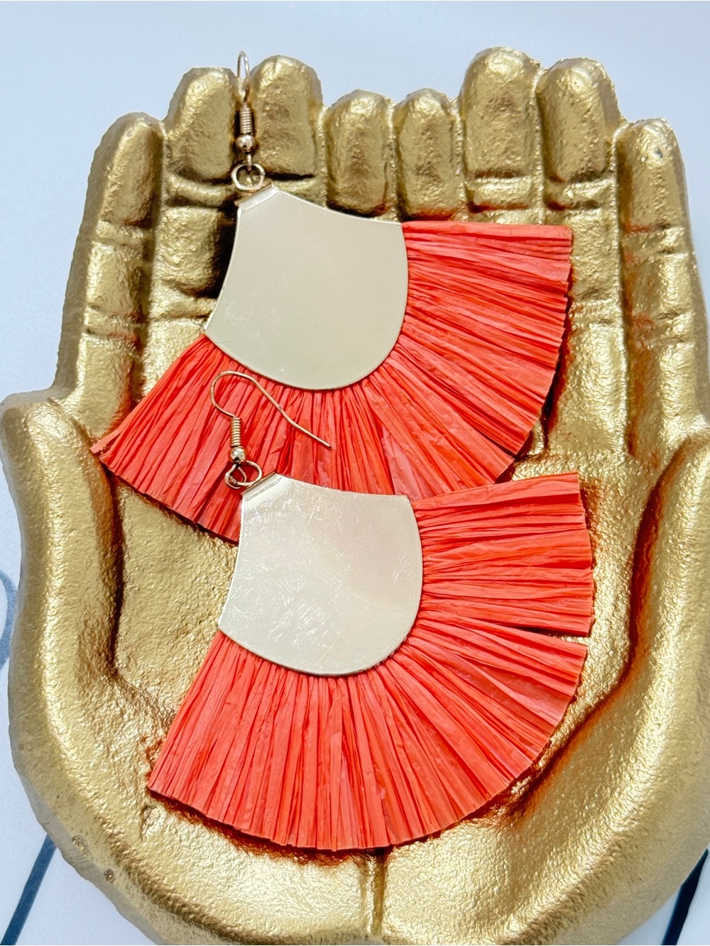 New, Orange Fan Tassel Earrings With Gold